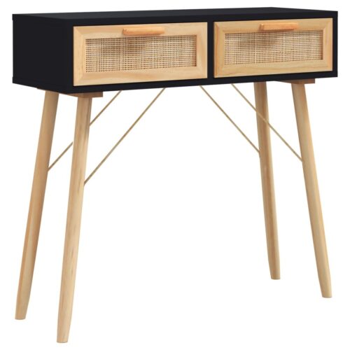 Console Table Black 80x30x75cm Solid Wood Pine Natural Rattan - Image 2
