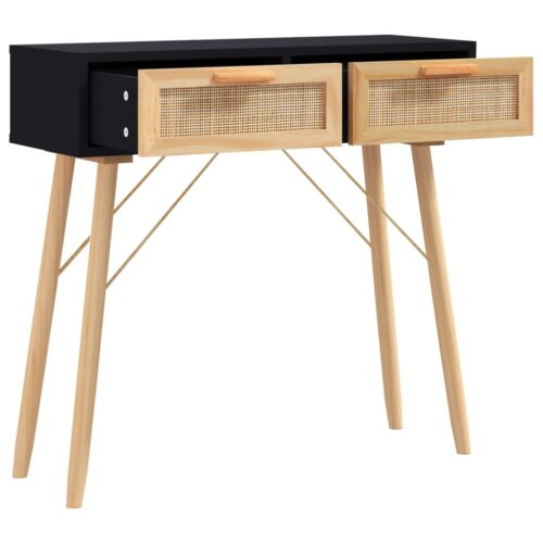 Console Table Black 80x30x75cm Solid Wood Pine Natural Rattan - Image 3
