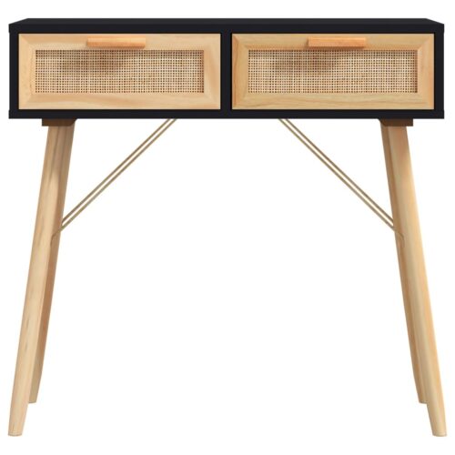 Console Table Black 80x30x75cm Solid Wood Pine Natural Rattan - Image 4