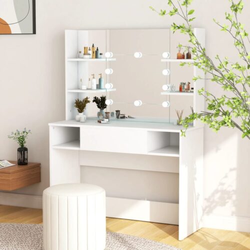 LED Lights Dressing Table Makeup Mirror USB Bulbs Shelf Vanity Cabinet White 100x40x135cm - Image 8