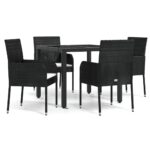 5-Piece Garden Dining Set with Cushions Black Poly Rattan Wicker Outdoor Patio Furniture