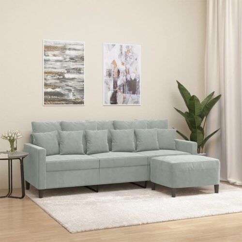 3-Seater Sofa with Foot Stool Lounge Ottoman Couch Velvet Fabric Grey 180cm - Image 8