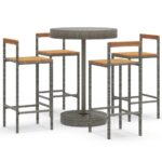 5-Piece Garden Bar Set Grey Poly Rattan Wicker Outdoor Patio Furniture&Solid Wood Acacia