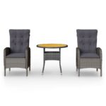 3-Piece Garden Bistro Set Poly Rattan Wicker Outdoor Patio Furniture Grey