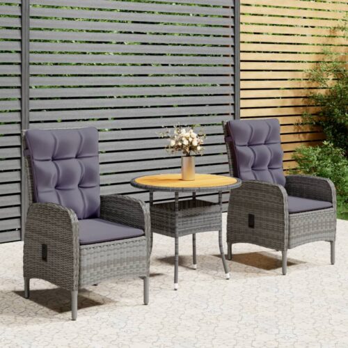3-Piece Garden Bistro Set Poly Rattan Wicker Outdoor Patio Furniture Grey - Image 12