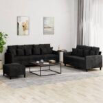 3pcs Sofa Ottoman Set 5-Seater Lounge Couch Futon Foot Stool Velvet Fabric Black