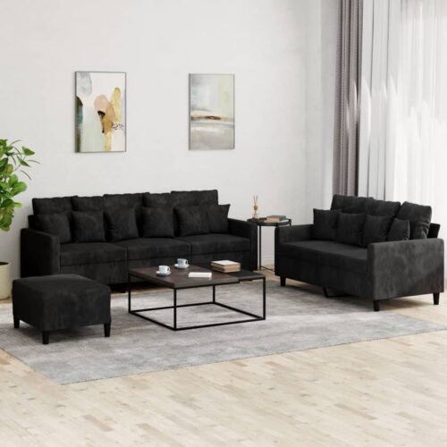 3pcs Sofa Ottoman Set 5-Seater Lounge Couch Futon Foot Stool Velvet Fabric Black