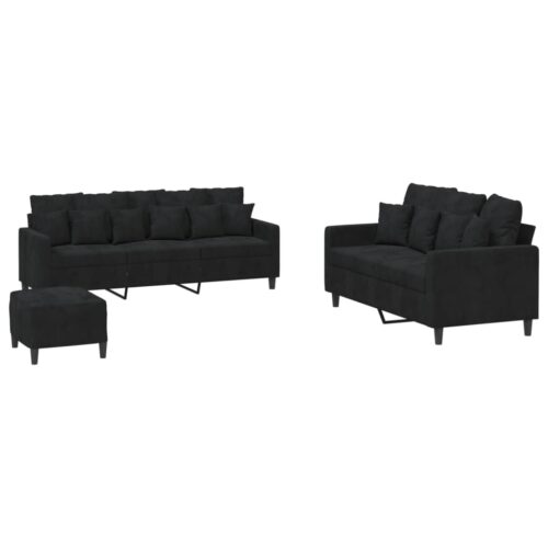 3pcs Sofa Ottoman Set 5-Seater Lounge Couch Futon Foot Stool Velvet Fabric Black - Image 2