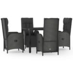 5-Piece Garden Dining Set with Cushions Black Poly Rattan Wicker Outdoor Patio Furniture