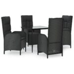 5-Piece Garden Dining Set with Cushions Black Poly Rattan Wicker Outdoor Patio Furniture