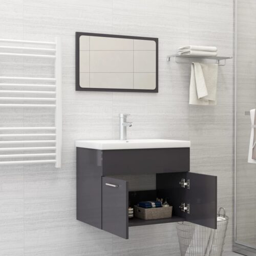 2-Piece Bathroom Furniture Set High Gloss Grey Engineered Wood - Image 3