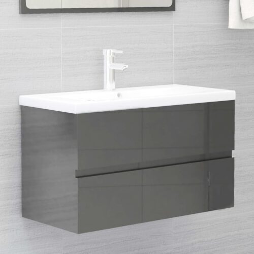 2-Piece Bathroom Furniture Set High Gloss Grey Engineered Wood - Image 10