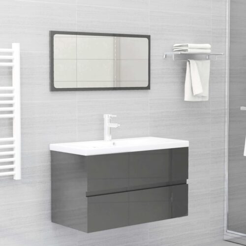 2-Piece Bathroom Furniture Set High Gloss Grey Engineered Wood - Image 12