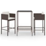 3-Piece Garden Bar Set with Cushions Poly Rattan Wicker Outdoor Patio Furniture Brown