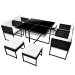 9-Piece Outdoor Dining Set with Cushions Poly Rattan Wicker Outdoor Patio Furniture Black
