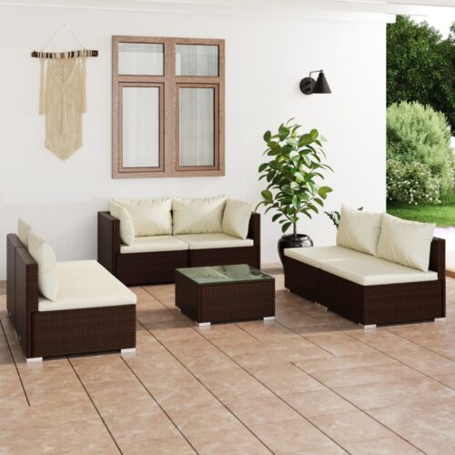 7-Piece Garden Lounge Set with Cushions Poly Rattan Wicker Outdoor Patio Furniture Brown - Image 12
