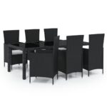 7-Piece Outdoor Dining Set with Cushions Poly Rattan Wicker Outdoor Patio Furniture Black