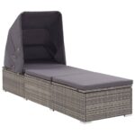Sun Lounger with Canopy Cushion Poly Rattan Grey