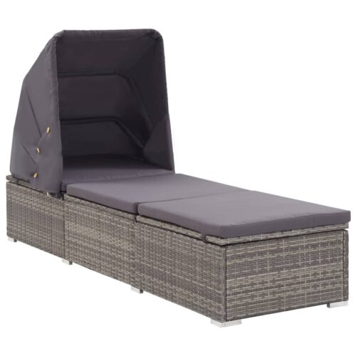 Sun Lounger with Canopy Cushion Poly Rattan Grey