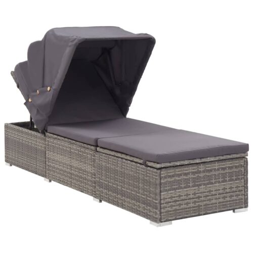 Sun Lounger with Canopy Cushion Poly Rattan Grey - Image 2