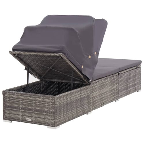 Sun Lounger with Canopy Cushion Poly Rattan Grey - Image 5