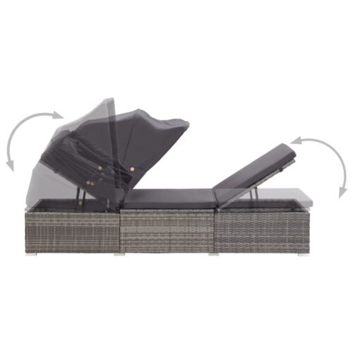 Sun Lounger with Canopy Cushion Poly Rattan Grey - Image 6