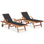 Sun Loungers 2pcs with Table Cushion Solid Teak Wood