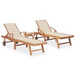 Sun Loungers 2pcs with Table Cushion Solid Teak Wood