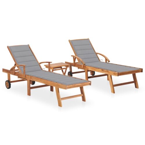 Sun Loungers 2pcs with Table Cushion Solid Teak Wood