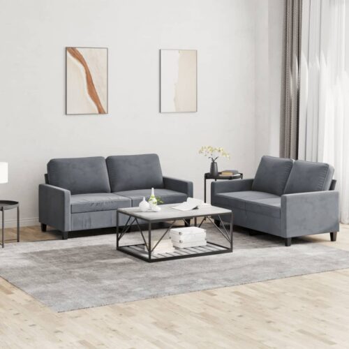2pcs Sofa Set with Cushions 4-Seater Lounge Couch Armchair Velvet Fabric Grey