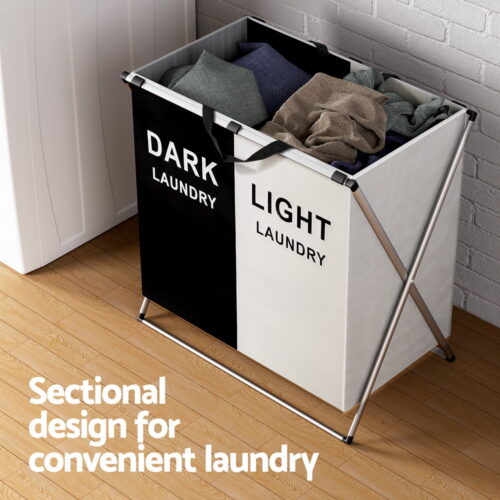 Artiss Laundry Basket Hamper Large Foldable Washing Clothes Storage 2 Sections - Image 5