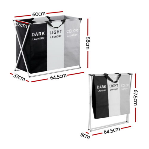 Artiss Laundry Basket Hamper Large Foldable Washing Clothes Storage 3 Sections - Image 3
