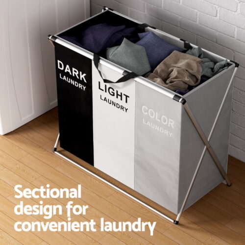 Artiss Laundry Basket Hamper Large Foldable Washing Clothes Storage 3 Sections - Image 5