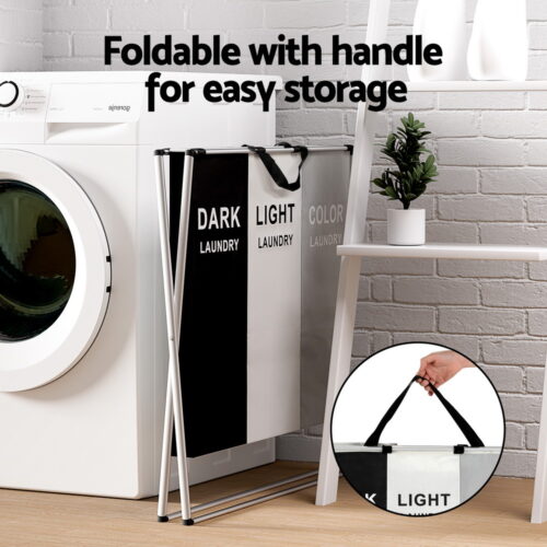 Artiss Laundry Basket Hamper Large Foldable Washing Clothes Storage 3 Sections - Image 6
