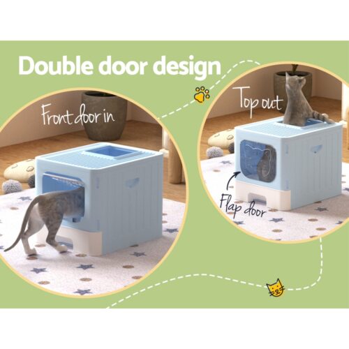 i.Pet Cat Litter Box Large Tray Kitty Toilet Enclosed Hooded Foldable Box Scoop Blue - Image 5