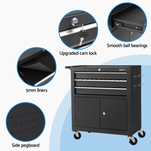 Giantz 3 Drawer Tool Box Chest Cabinet Toolbox Storage Garage Organiser Wheels - Image 6