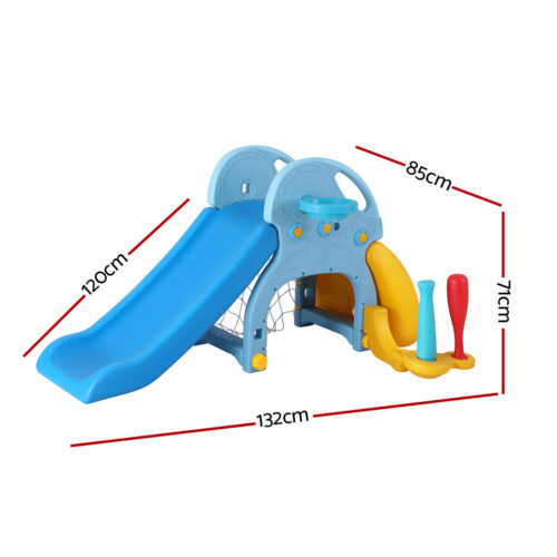 Keezi Kids Slide Set Baseball Bat Basketball Hoop Outdoor Playground 120cm Blue - Image 2