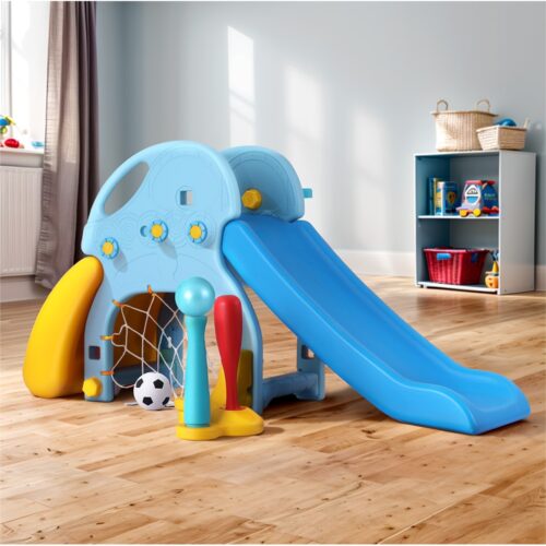Keezi Kids Slide Set Baseball Bat Basketball Hoop Outdoor Playground 120cm Blue - Image 7