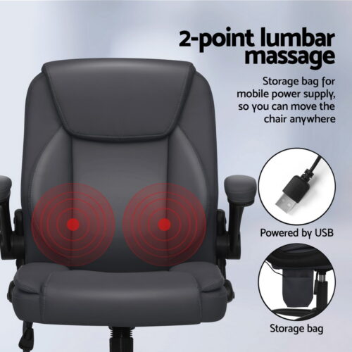 Artiss 2 Point Massage Office Chair Leather Mid Back Grey - Image 4
