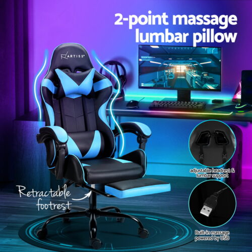 Artiss 2 Point Massage Gaming Office Chair Footrest Cyan Blue - Image 4