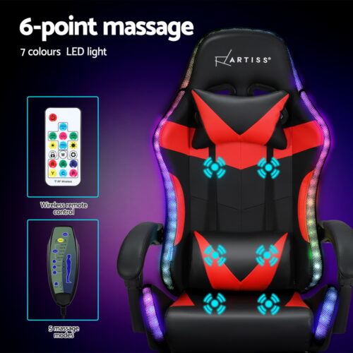 Artiss 6 Point Massage Gaming Office Chair 7 LED Footrest Red - Image 4