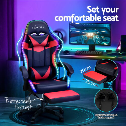 Artiss 6 Point Massage Gaming Office Chair 7 LED Footrest Red - Image 5