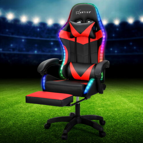 Artiss 6 Point Massage Gaming Office Chair 7 LED Footrest Red - Image 7