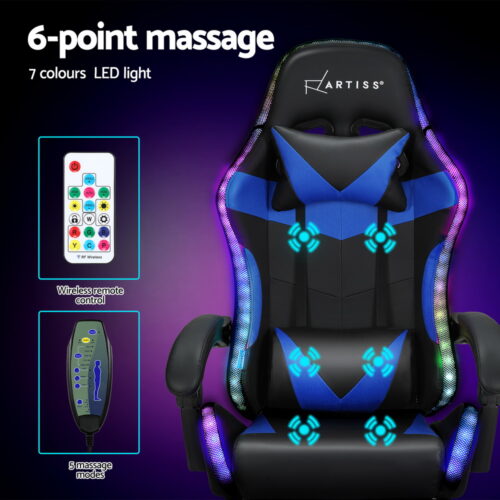 Artiss 6 Point Massage Gaming Office Chair 7 LED Footrest Blue - Image 4