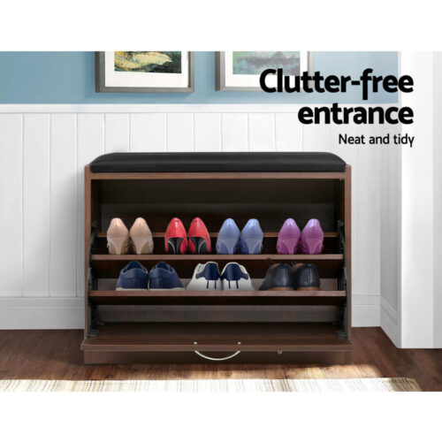 Artiss Shoe Rack Cabinet Bench15 Pairs Walnut Kyla - Image 7