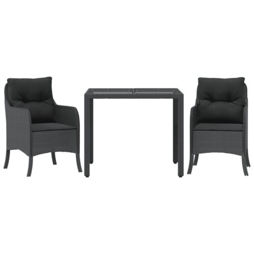 3-Piece Garden Dining Set with Cushions Black Poly Rattan Wicker Outdoor Patio Furniture