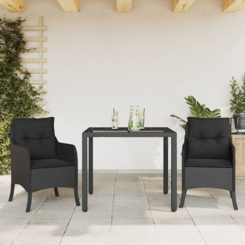 3-Piece Garden Dining Set with Cushions Black Poly Rattan Wicker Outdoor Patio Furniture - Image 8