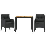 3-Piece Garden Dining Set with Cushions Black Poly Rattan Wicker Outdoor Patio Furniture