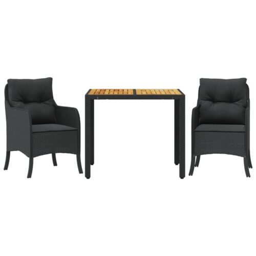 3-Piece Garden Dining Set with Cushions Black Poly Rattan Wicker Outdoor Patio Furniture