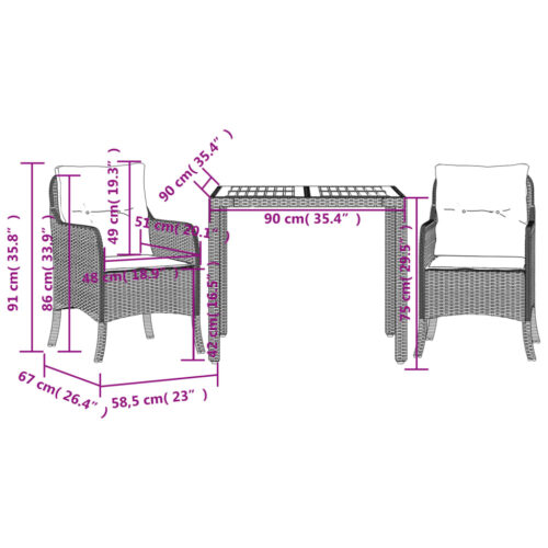 3-Piece Garden Dining Set with Cushions Black Poly Rattan Wicker Outdoor Patio Furniture - Image 6